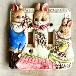 VTG Takahashi Double Light Switch Cover Plate Hand Painted 3-D Bunnies Kids